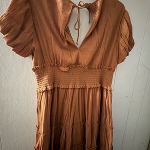 Smocked Waist Tiered Midi Dress in Rust